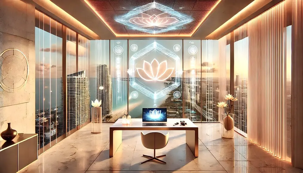 Un bureau surplombe la mer et la ville. Un ordinateur est posé sur une table duquel a été généré un hologramme représentant un hexagone où se trouve une fleur de lotus. Ce dernier est projeté sur la baie vitrée ainsi que sur le plafond du bureau.