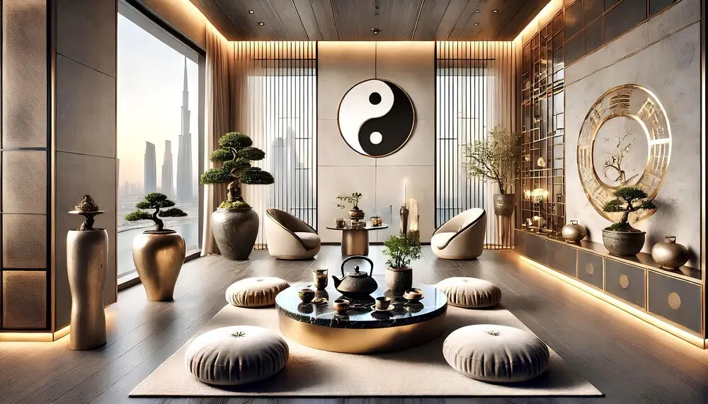 Un salon très élégant donnant sur une baie. Sur le mur du fond il y a un grand symbole Yin Yang. On trouve dans le salon de nombreux objets avec des rondeurs, des fauteuils, une table, une théière, ses tasses et ses coupelles. L’ensemble est très harmonieux.