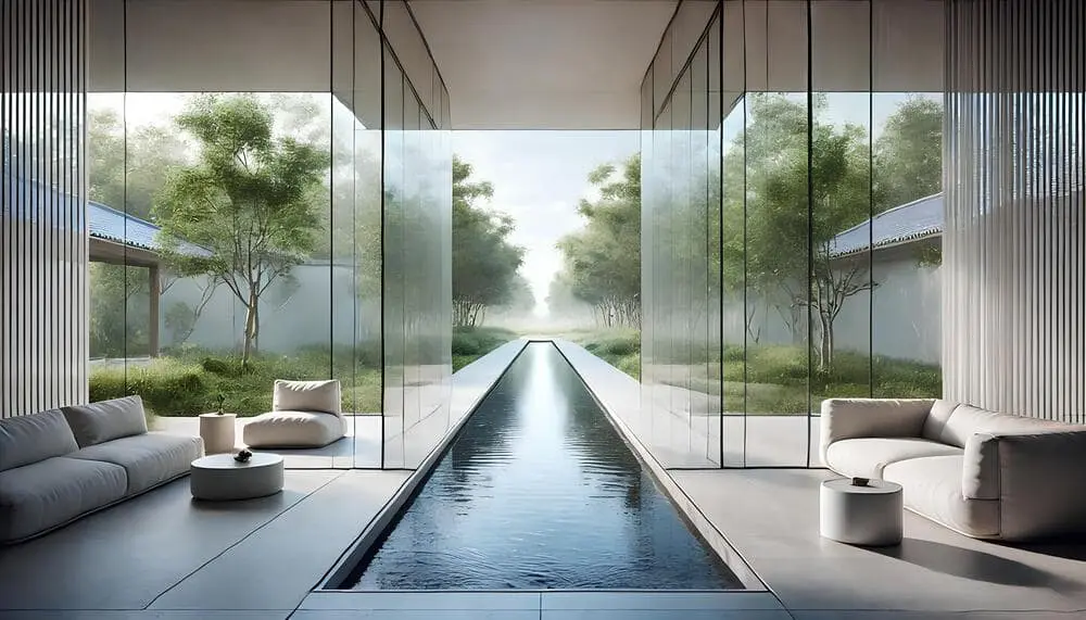 Un salon très élégant et épuré l’intérieur duquel part un petit bassin qui s’étend jusqu’au jardin. Seule une baie vitrée donne sur le jardin, il n’y a pas de mur.