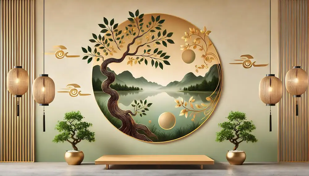 Une pièce dans laquelle on peut voir une table basse contre un mur de plusieurs tons de verts clair. Sur ce mur est accroché un tableau circulaire représentant un paysage montagneux avec un lac et un arbre en premier plan. De part et d'autre de l'image il y a des arbuste et des lampions allumés. L'ensemble est très harmonieux. L'atmosphère globale de l'image est très reposante.