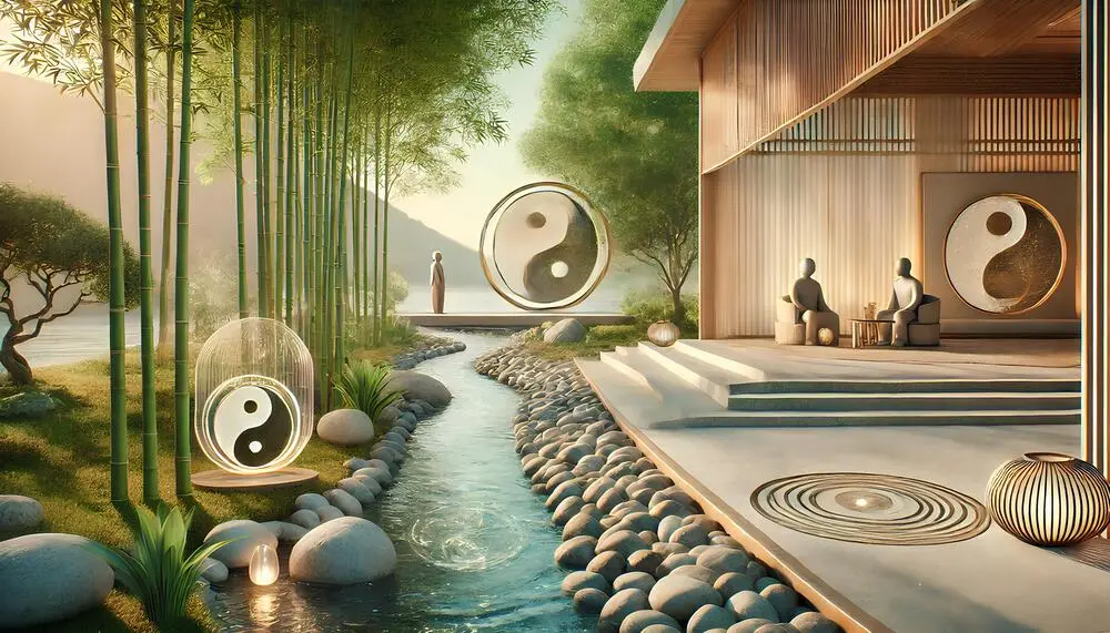 Un espace couvert mais ouvert donnant sur un lac. On y voit 3 symboles du Ying Yang. Cet espace est apaisant.